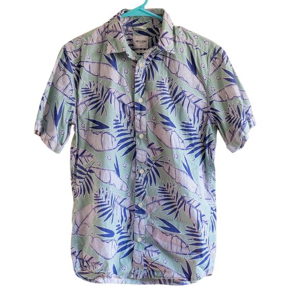 Only & Sons Sz M Slim Aqua Blue Palm Frond Print Buttondown Short Sleeve Shirt - Picture 1 of 5